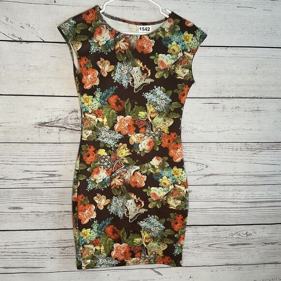 NARINPORN Floral‎ Brown Bodycon Dress Short sleevve Crew Neck Size M Sexy. Mini - Picture 2 of 8